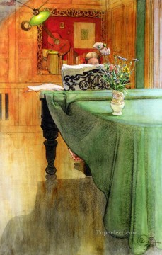 フラワーズ Painting - ブリタ・ヴィッド・ピアノット ピアノを弾くブリタ 1908年 カール・ラーソン 印象派 花